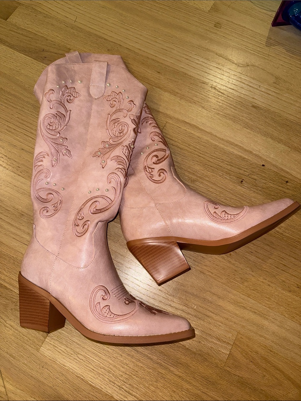 Pink Pearl Detail Embroidered Western Knee-High Boots